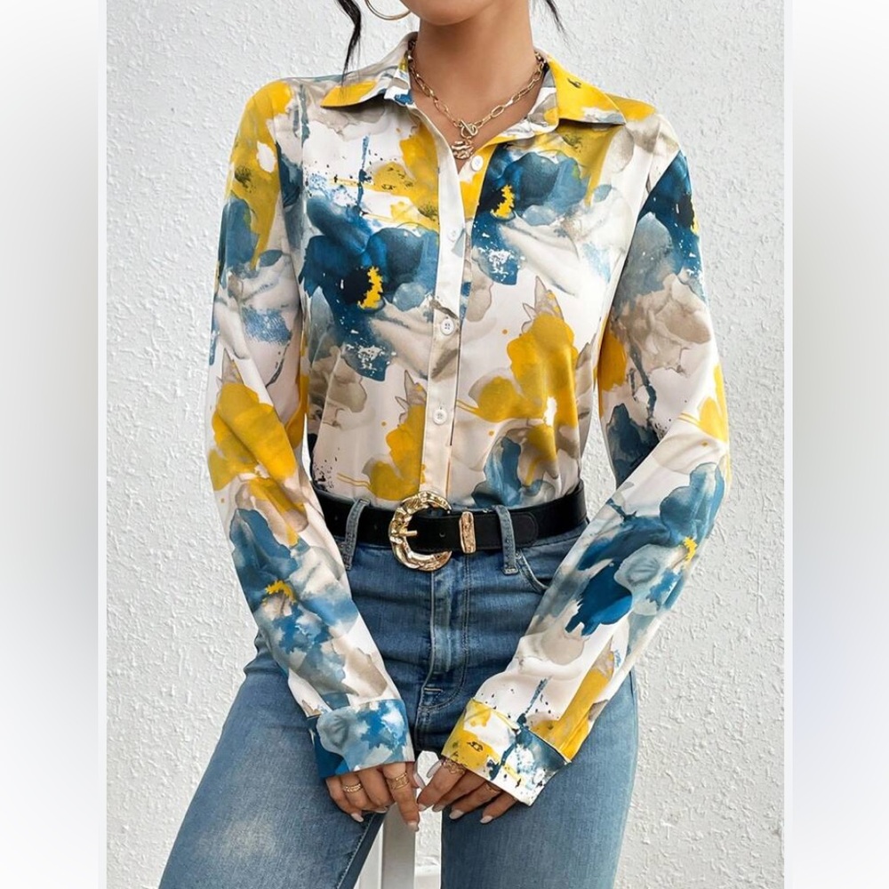 SHEIN Watercolor Floral Button-Down Shirt in Blue, Yellow & Gray